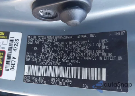 2008 Toyota Sienna Xle z USA, uszkodzony, nr VIN 5TDZK22C68S118762